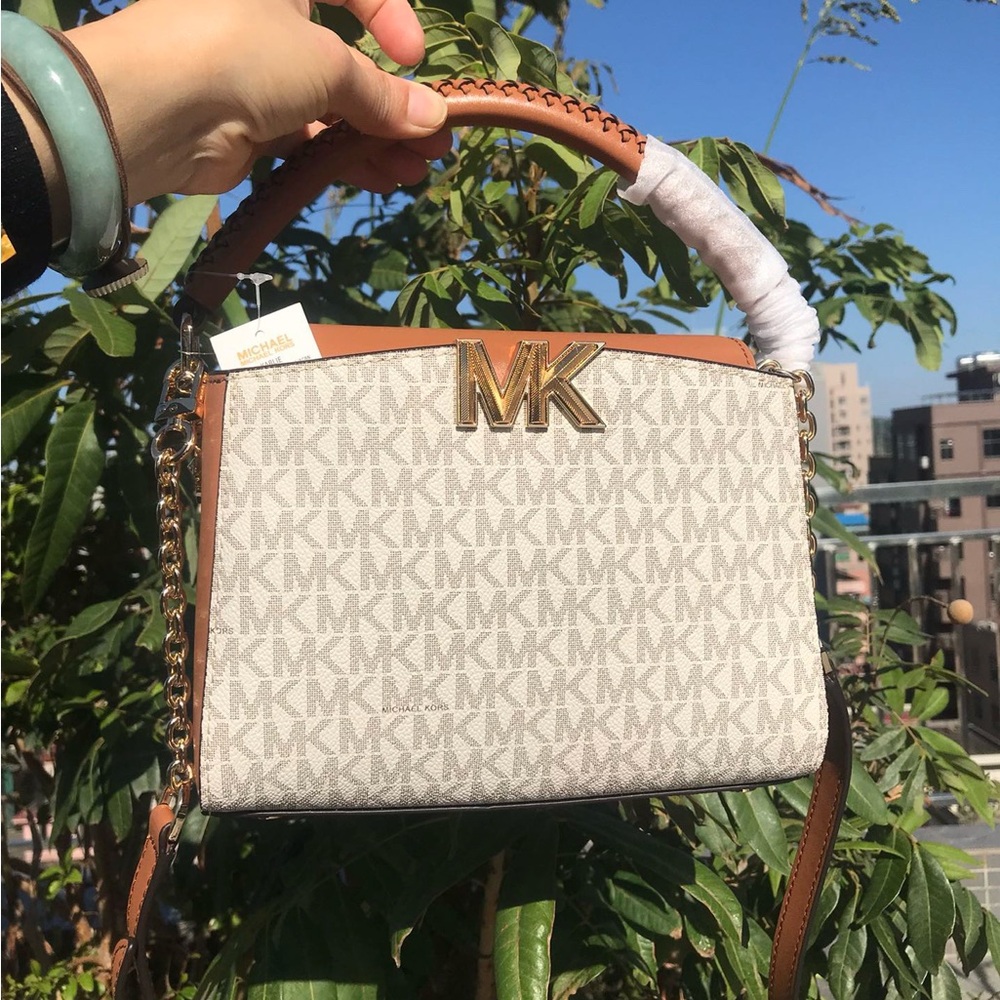 Michael Kors Cream and Tan MK Logo Top-Handle Satchel